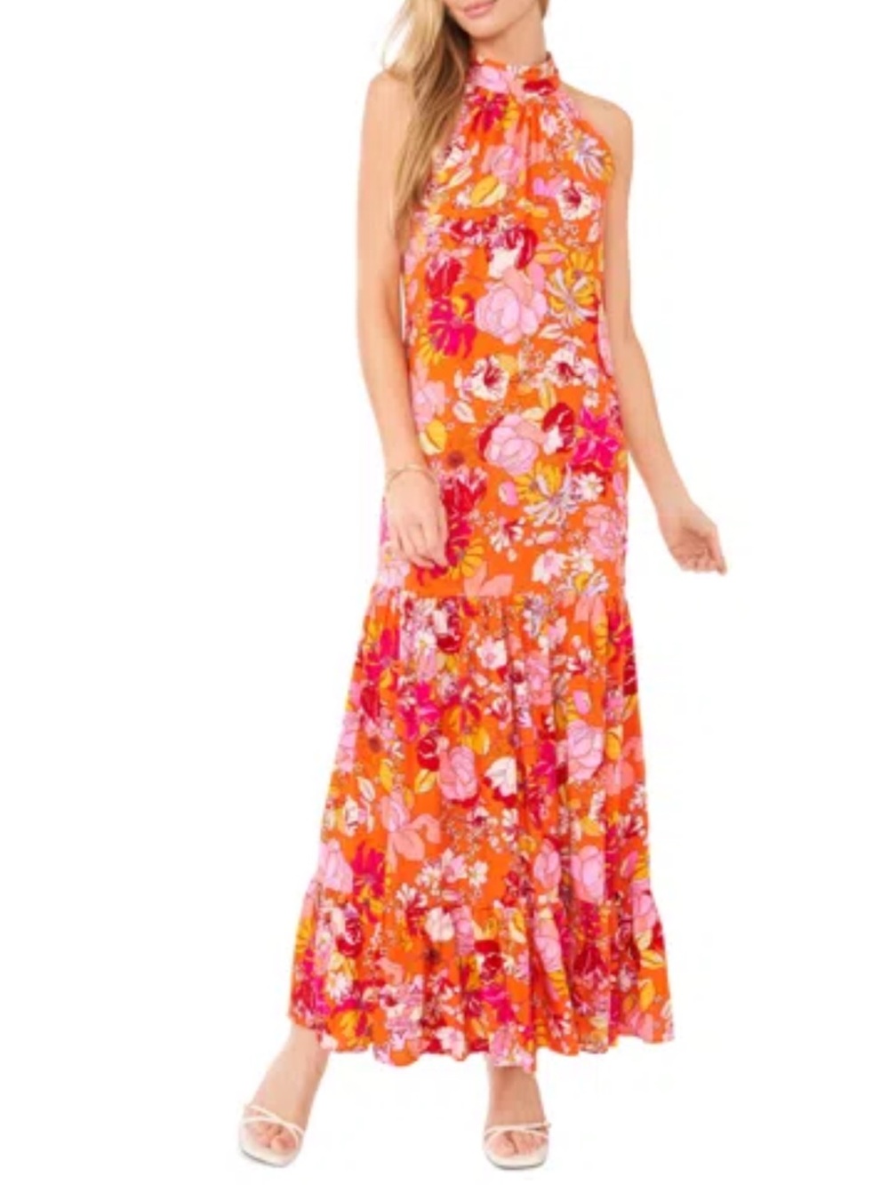 MSK Orange and Pink Floral Halter Dress